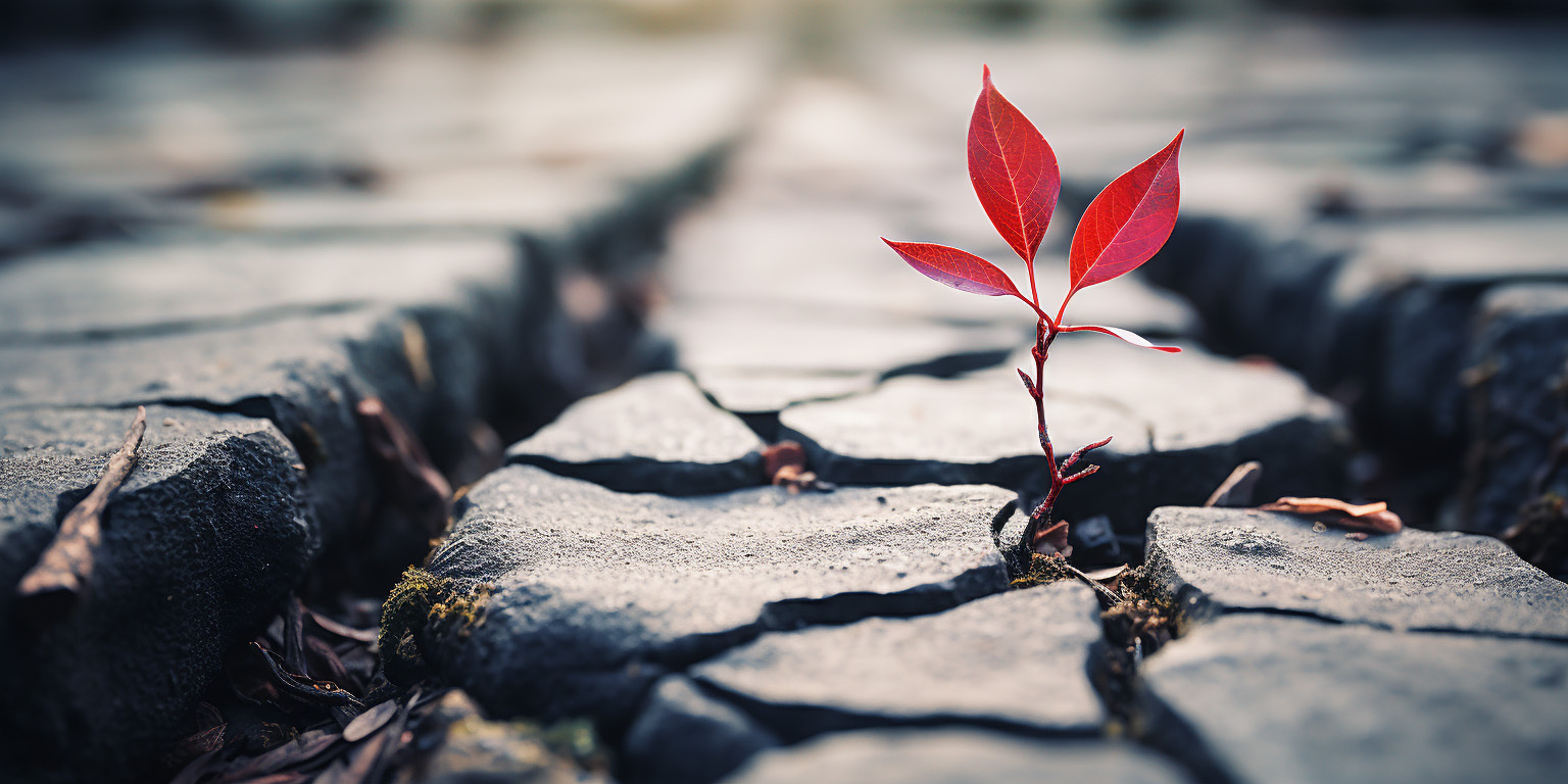 Seedling sprouting from broken rocks, growing through adversity